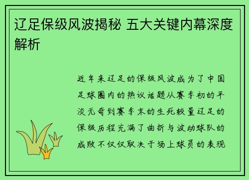 辽足保级风波揭秘 五大关键内幕深度解析